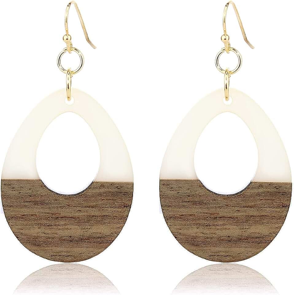 POMINA Lightweight Geometric Fashion Earrings Oval Teardrop Dangle Earrings Colored Acrylic Resin Wood Earrings Two Tone Color Gold Drop Earrings for Women Jewelry Gifts