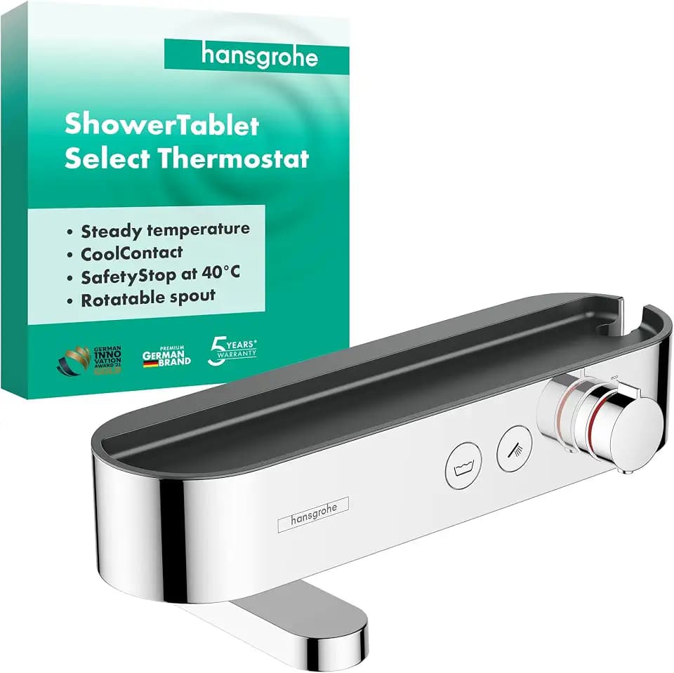 hansgrohe ShowerTablet Select - Wannenthermostat Aufputz, Wannenarmatur mit Sicherheitssperre (SafetyStop) bei 40° C, Thermostat für die Badewanne, Mischbatterie für 2 Verbraucher, Chrom