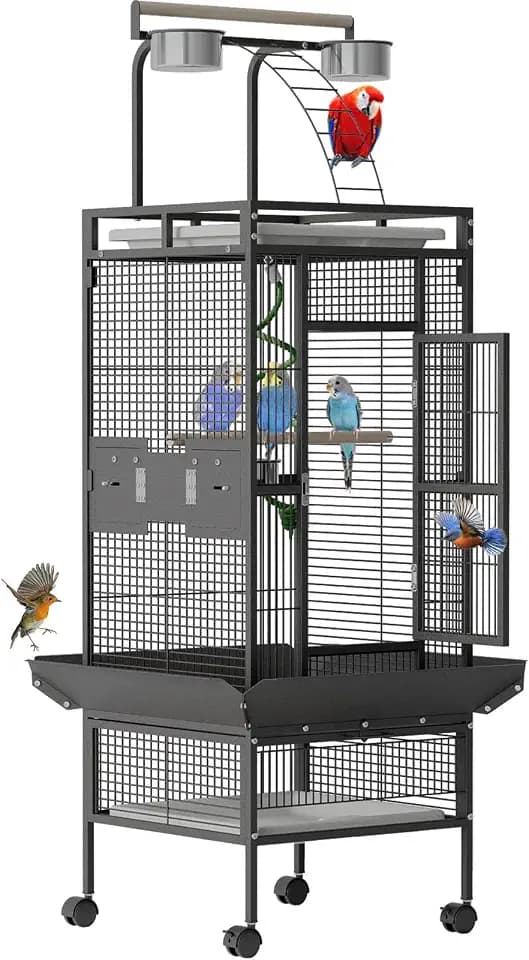60" Large Wrought Iron Bird Cage with Rolling Stand, Play Top & 4 Stainless Steel Bowls, Metal Parrot Cage for African Grey, Cockatiel, Conure, Lovebird, Budgie, Black