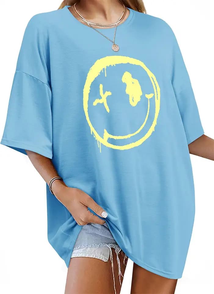 WIEIYM Tshirt Damen Oversized Lose Rundhals Kurzarm T-Shirts Sommer Tops Shirt Oberteile Frauen Gedruckt Lässig Oberteile Bluse,Blau,2XL