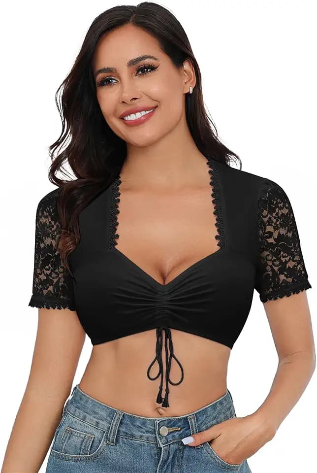 Zeagoo Dirndl Bluse Damen Spitze Kurzarm Trachtenbluse für Oktoberfest