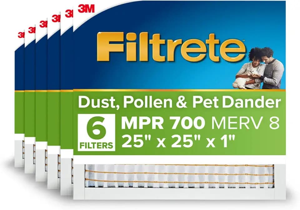 Filtrete 25x25x1 Air Filter, MERV 8, MPR 700, Dust, Pollen & Pet Dander Reduction, 3-Month AC and Furnace Filter, Easy on Air Flow, 6 HVAC Filters (Actual Size 24.81 x 24.81 x 0.81 in)