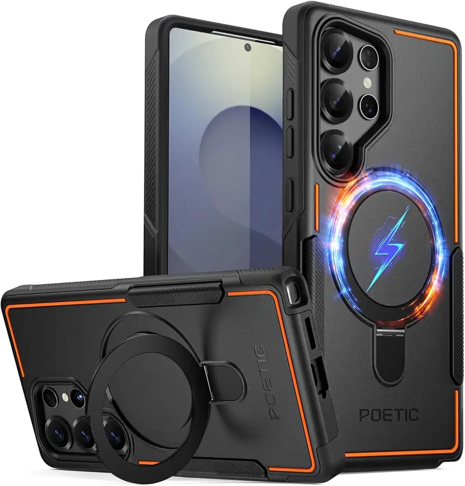 Poetic Neon MagPro Hülle für Samsung Galaxy S25 Ultra 5G, [Magnetischer Ringständer] Doppellagige robuste schlanke stoßfeste Schutzhülle, Schwarz/Orange