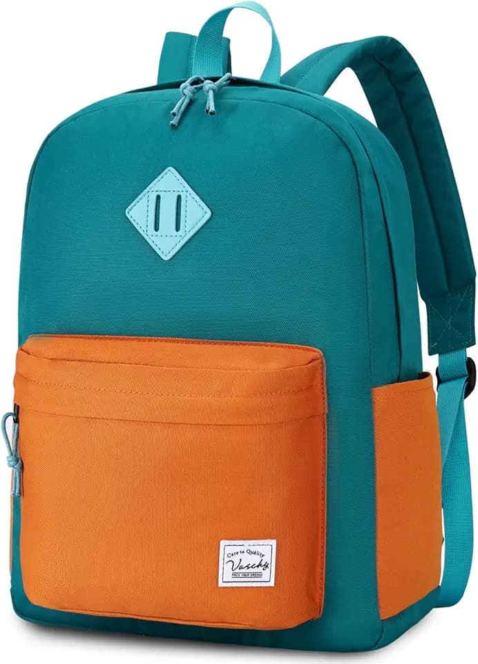 VASCHY Lightweight Backpack for School, Water Resistant Classic Bookbag with Side Pockets for Boys,Girls Kids,Teens Lake Green Tangerine