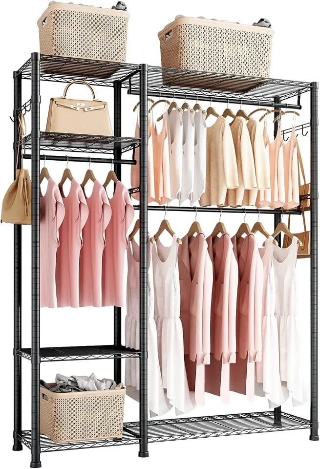 VEVOR Kleiderständer Garderobenständer (verstellbar) mit 3 Kleiderstangen & 363 kg Tragkraft & 6 Regalen & 8 Haken, offener Kleiderschrank für Schlafzimmer Bekleidungsgeschäft Garderobe Flur