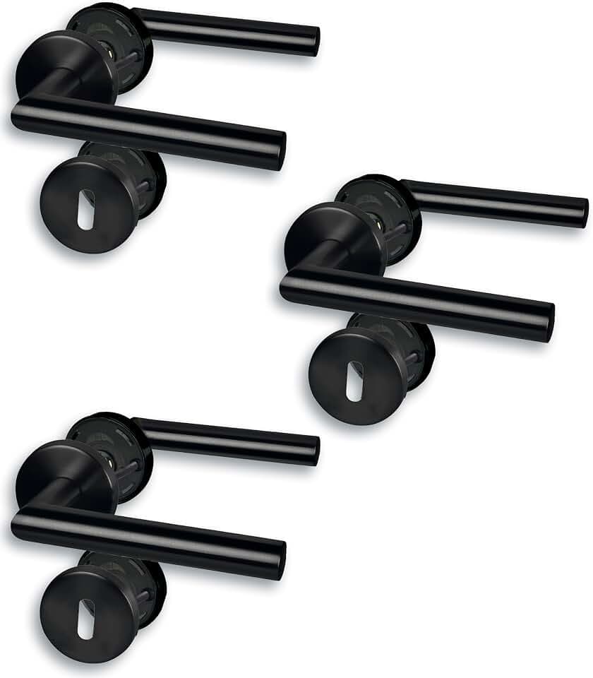 Alpertec Rosettengarnitur I Türbeschlag im 3er Set, Edelstahl schwarz für 3 Zimmertüren mit Buntbartlochung, Cliprosette Ø52mm, Türklinke, Türgriff