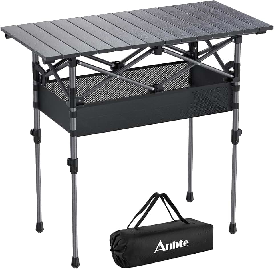 Anbte Campingtisch Aluminium 82x40cm(LxB) Aufrollbare Tischplatte 2 Verstellbar Höhen 44/70cm Klapptisch mit Aufbewahrungsnetz & Tasche, ideal für Garten Grillen Reisen Outdoor & Indoor (Dunkelgrau)