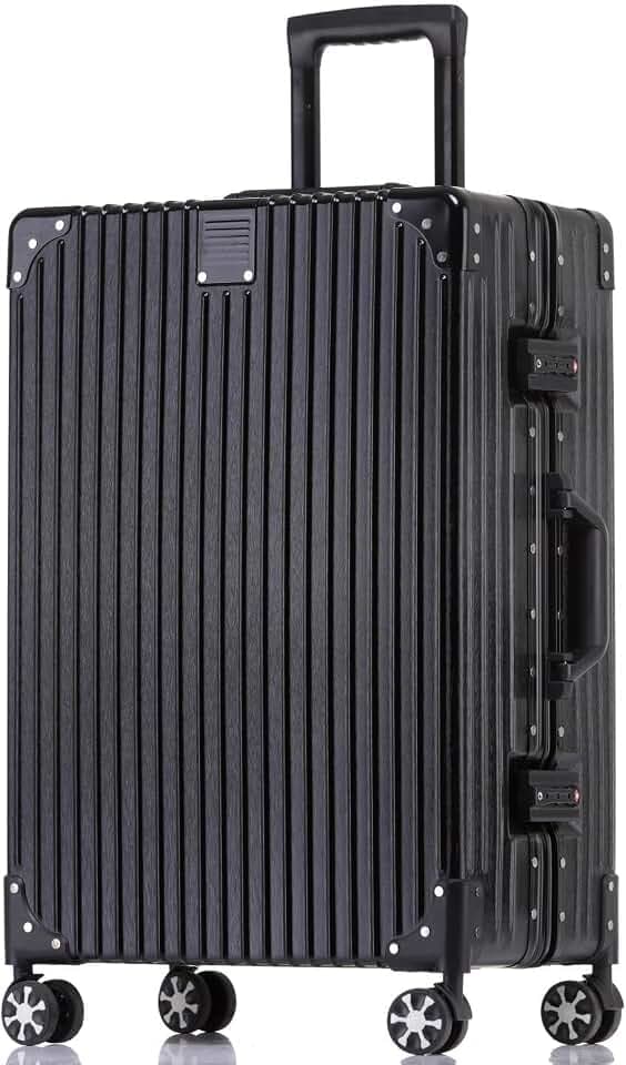 Aoliwei Aluminiumrahmen Koffer L (69cm) – Robuster 100% PC Hartschalen-Trolley, 60L Mittlerer Reisekoffer für Check-in, Metall-Optik, TSA-Schloss, 4 leise 360° Doppelrollen, Schwarz
