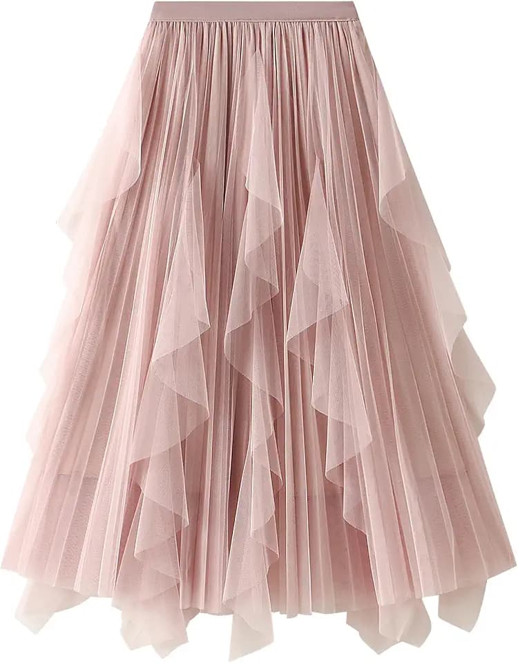 Tüllrock Damen Lang Elastische Elegant Vintage Tüll Rock A-Linie Mesh Swing Midirock für Alltag, Abschlussball