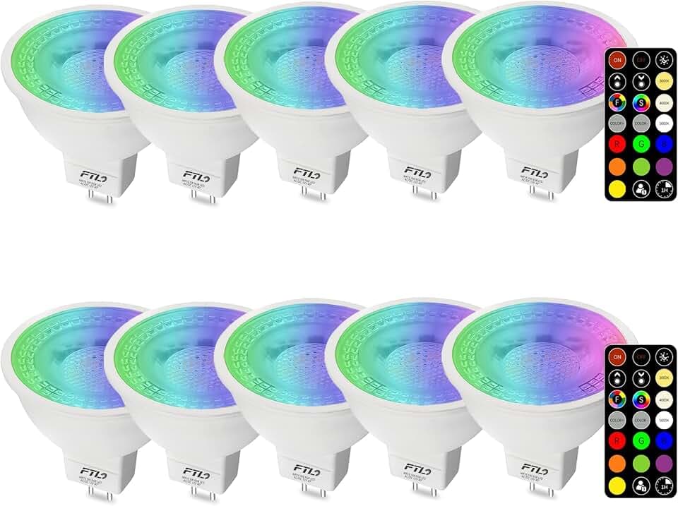 FTL MR16 LED Color Changing Light Bulb with Remote Control, 12V RGB Dimmable Colored Light Bulbs 5W=40W, 30 Color, Timer, 2700K-6000K, GU5.3 Landscape Light Bulbs for Track Recessed Lighting, 10-Pack