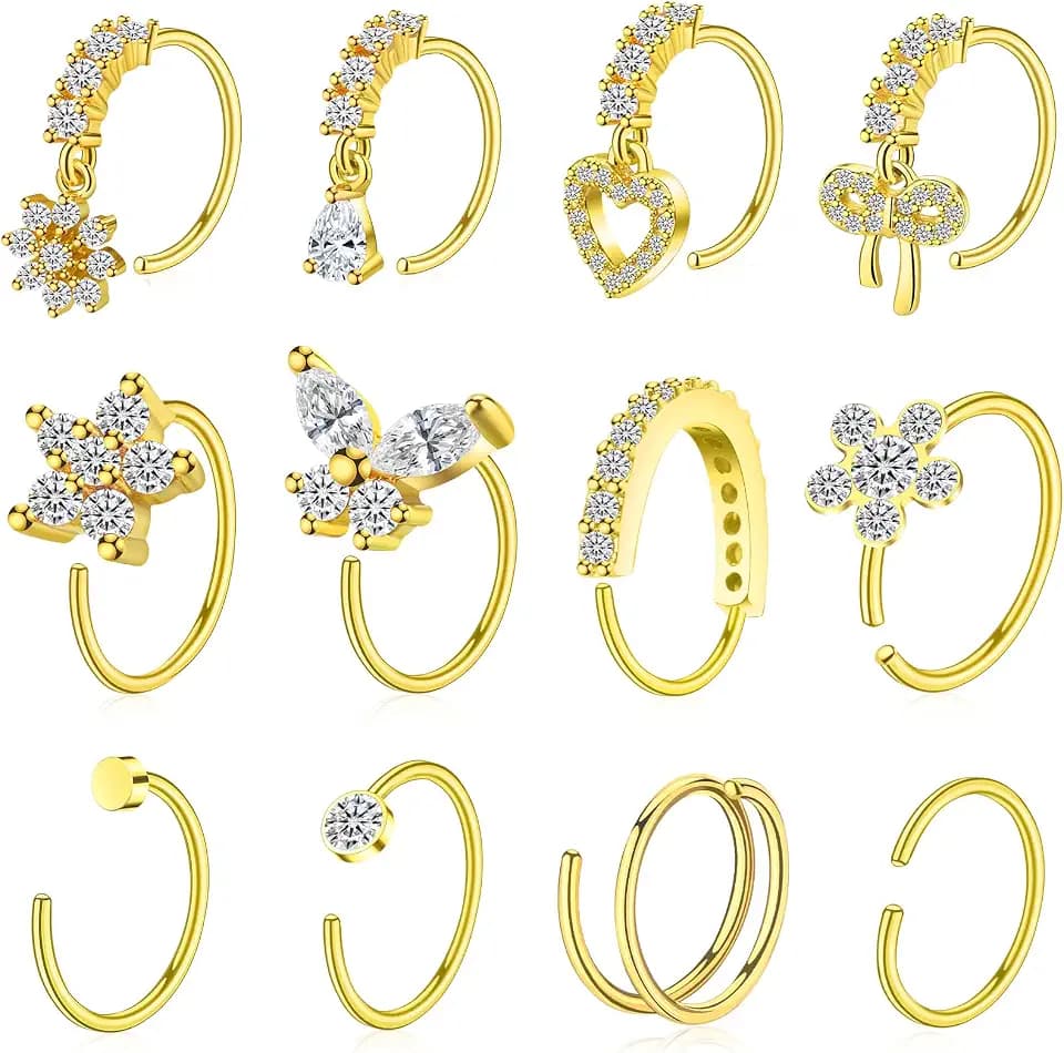 BSJ4U Hoop Nose Rings for Women Nose Piercings 20G Stainless Steel Nose Rings Hoops Heart Butterfly Flower Bow Teardrop Double Nose Hoops Gold Plated Silver Pink Clear CZ Nose Piercing Jewelry