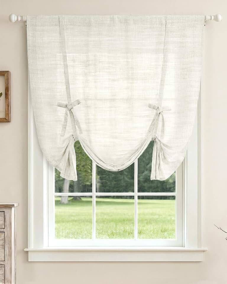 LazBlinds Tie Up Curtains, Linen Balloon Roman Shade, 42" W x 63" L, White