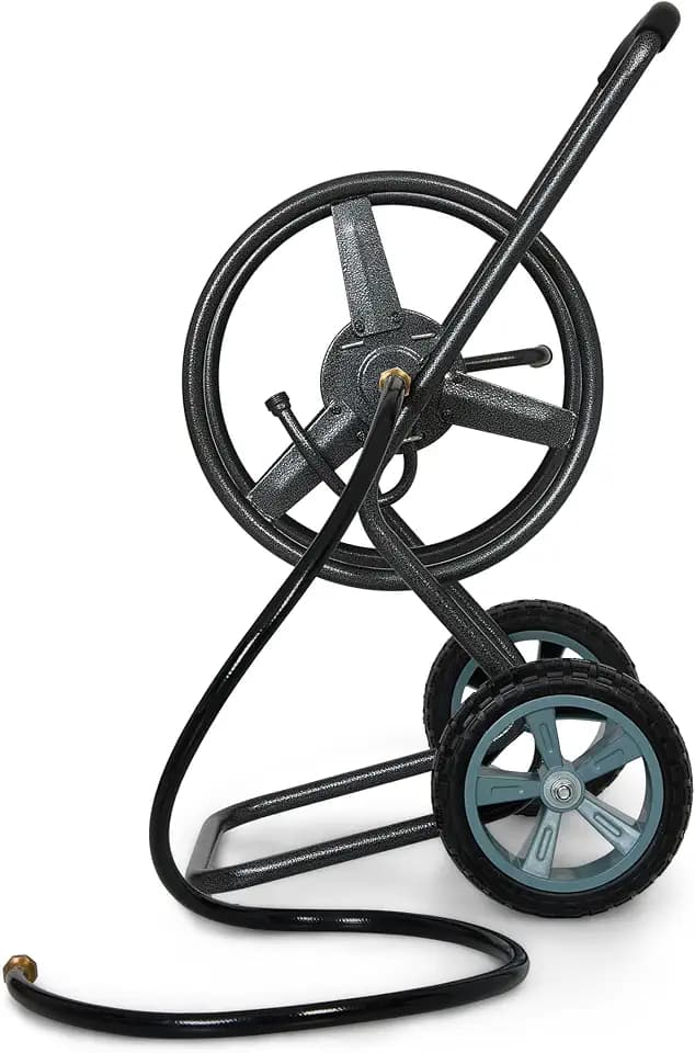 Backyard Expressions 2‑Wheel Garden Hose Reel Cart, Portable Hand‑Crank Hose Reel, Rust‑Resistant Hammertone Gray Finish, Brass Connectors