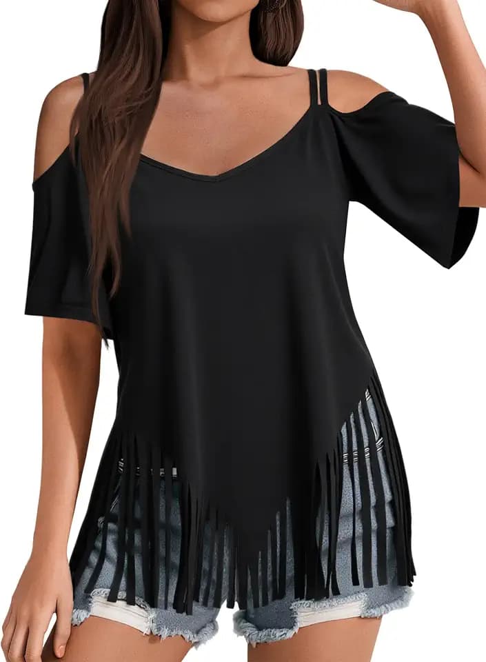 Remidoo Fringe Tops for Women Cowgirl Outfit Short Sleeve V Neck T Shirts