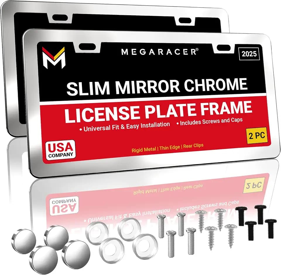 Premium Slim Mirror Chrome License Plate Frames, 2 Pack, Metal Front & Rear