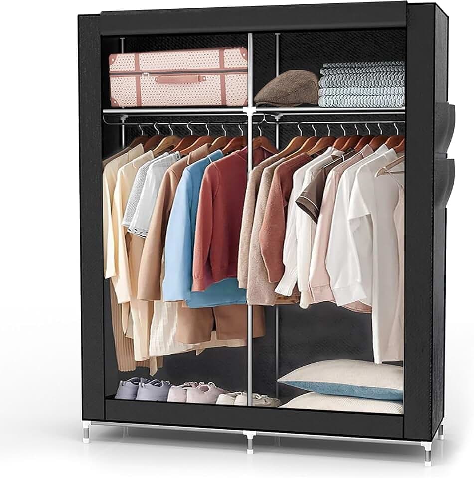 INTIRILIFE Faltschrank 108x170x45 cm in Raben SCHWARZ - Stoffkleiderschrank mit Reißverschluss und Kleiderstange, Seitentasche und Fächern - Steckregal, Metallrahmen, Aufbewahrung