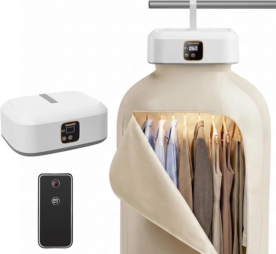 SereneLife Portable Clothes Dryer | Drying Bag for Clothes, Suits & Dresses | Adjustable Temperature & Remote Control 1-8 Hour Timer | Compact Dryer for Home, Apartment, Dorm & Travel | White