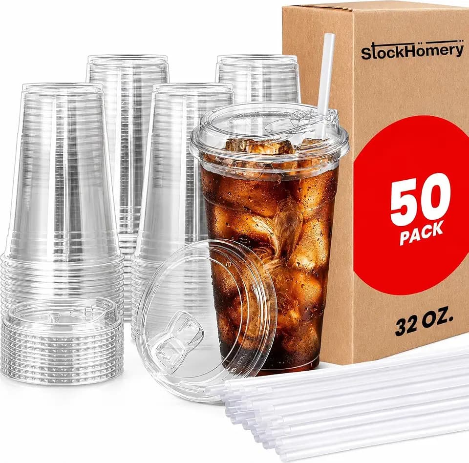 32 Oz Plastic Cups With Lids and Straws, Iced Coffee Cups