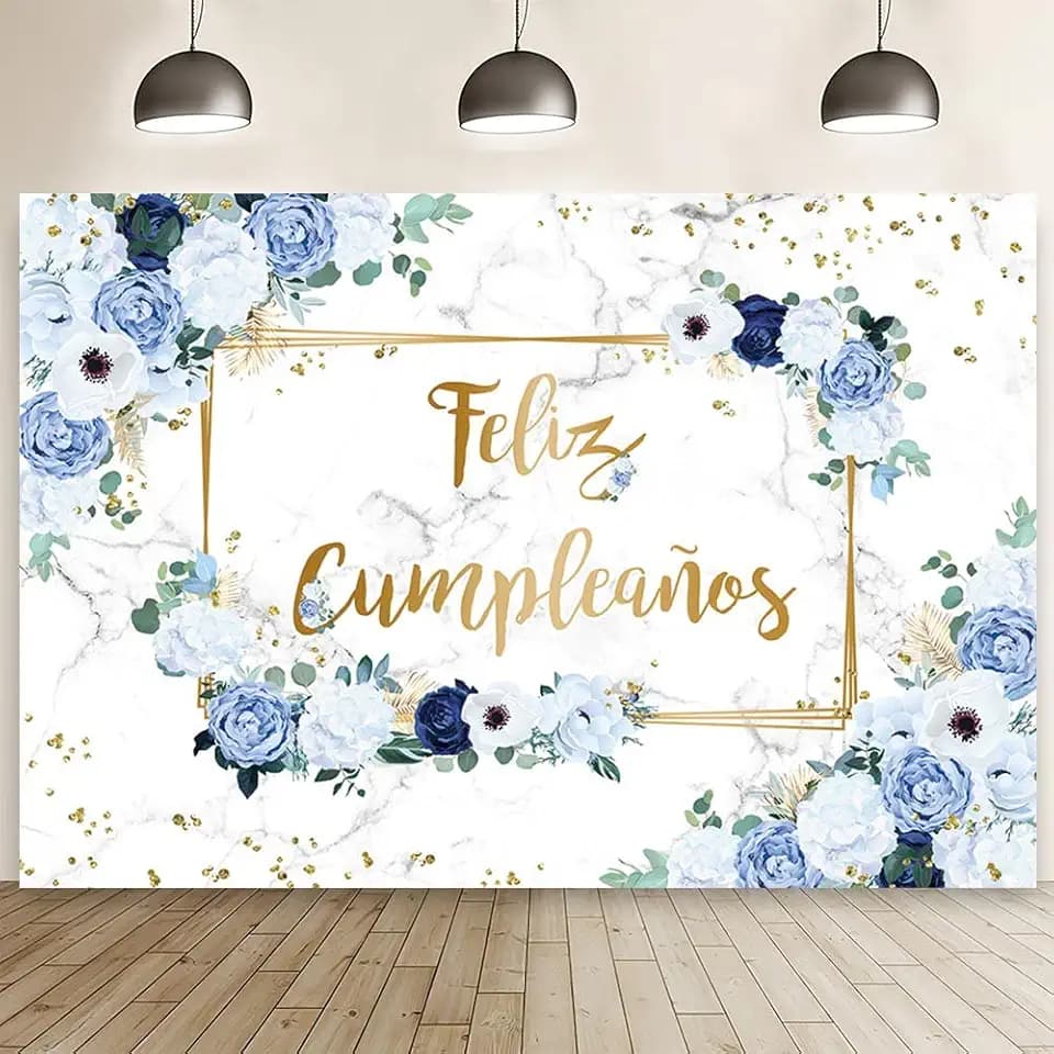 MEHOFOND 7x5ft Feliz cumpleaños Backdrop Blue and White Flowers Birthday Photography Background Girls Geometric Gold Glitter Dots Birthday Floral Party Decorations Cake Smash Decor Studio Photo Props