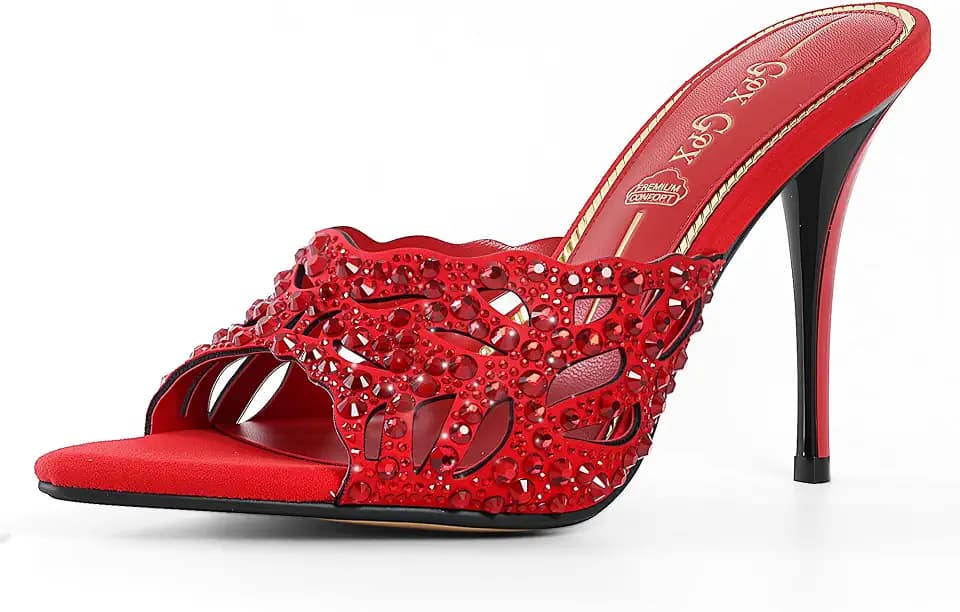 Women Stiletto Mules High Heel Rhinestone Cutout Heeled Sandals Open Pointed Toe Sandals Mules Slip On Party Wedding Shoes