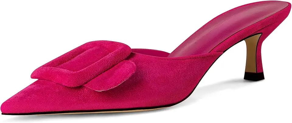 Kitten Heel Mules Sandals for Women Pointed Toe Square Buckle Backless Slip on Suede Stiletto Dress Heeled Sandals Wedding Party Shoes