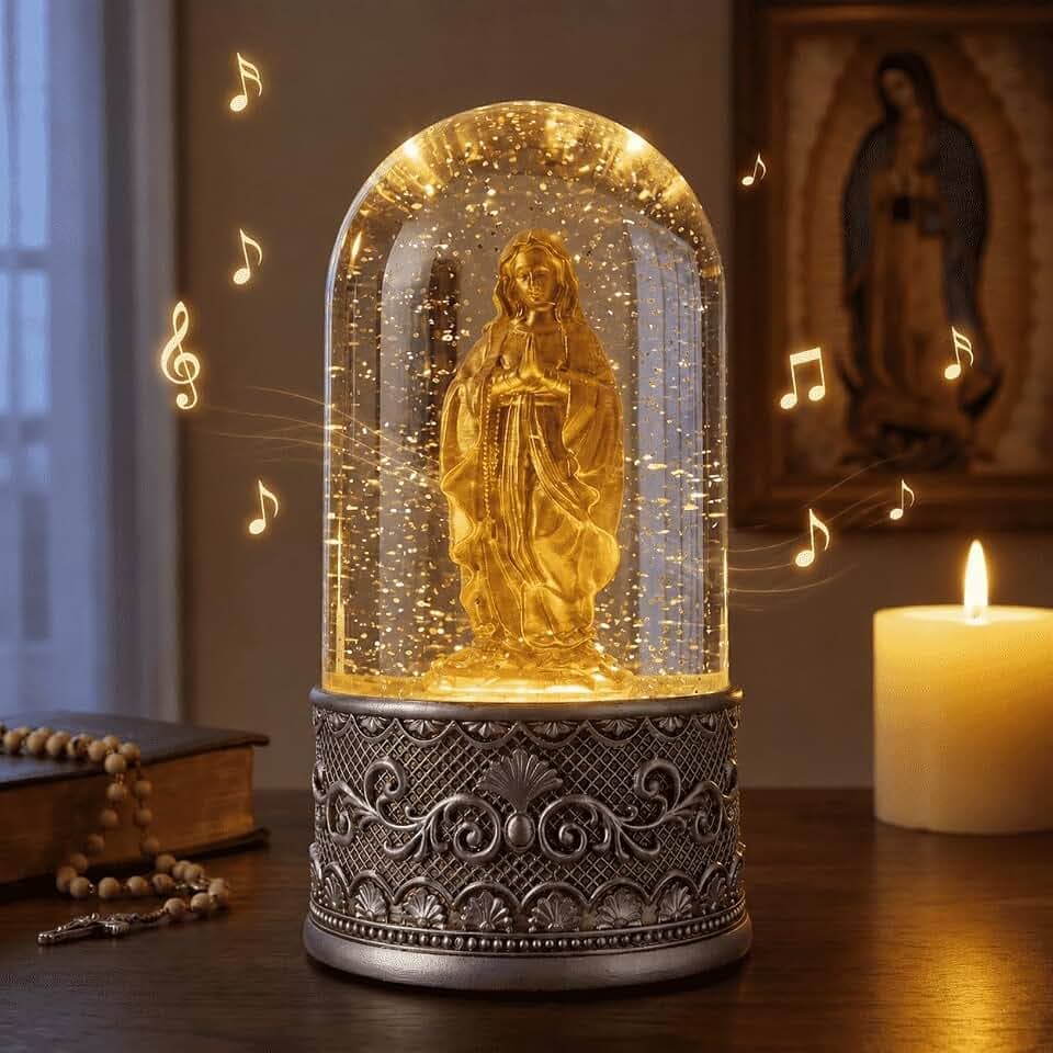 Catholic Virgin Mary Water Glitter Snow Globe with Silent Night Music, Mother Mary Statue Night Light with 6 Hours Timer, Religious Gifts for Women Mom Grandma, Prayer Room Decor, Silver