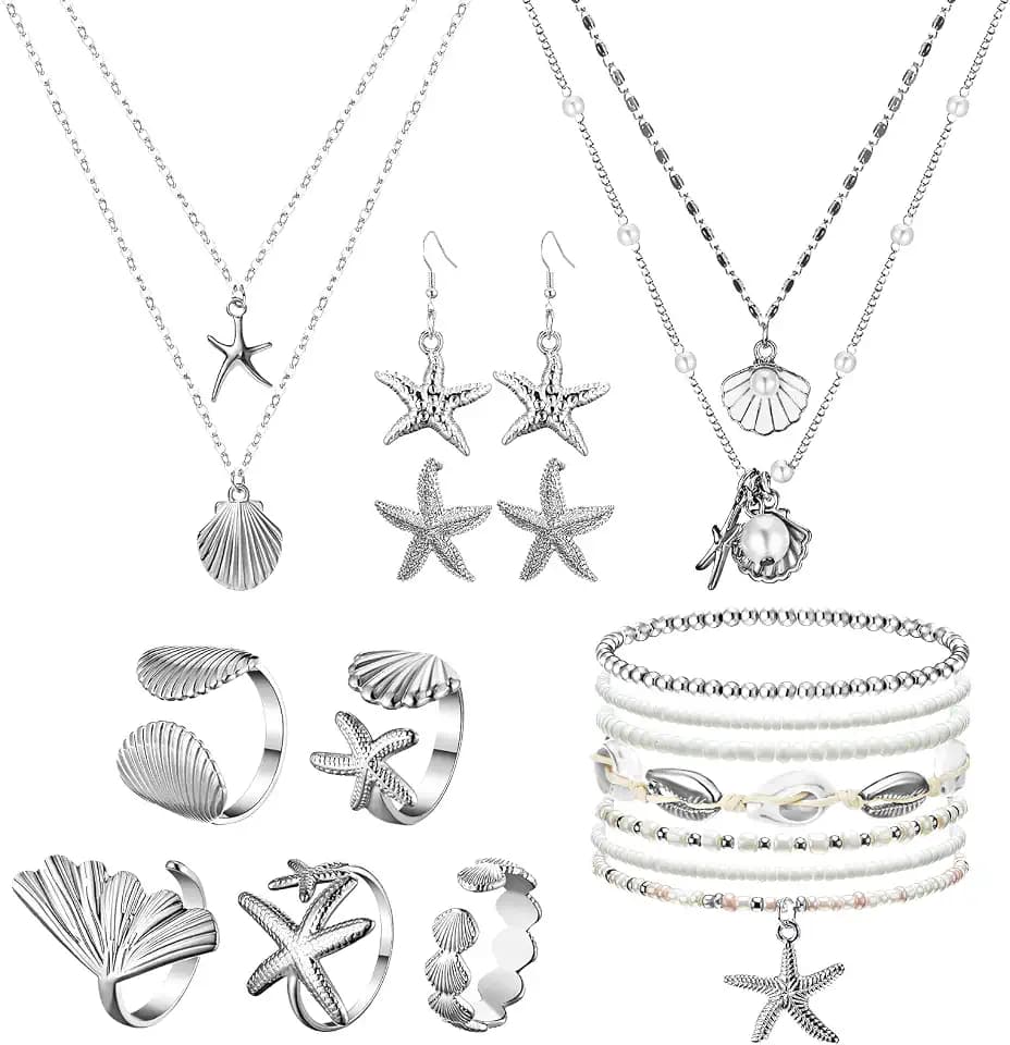 Tondiamo 18 Pcs Mermaid Seashell Jewelry Set for Women Mermaid Xmas Gift