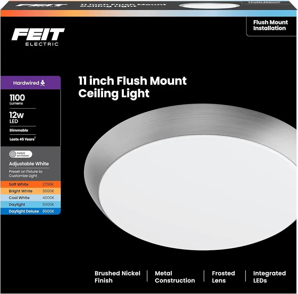Feit Electric 11" Adjustable White LED Ceiling Fixture, Dimmable Flush Mount Light, Brushed Nickel Finish, Selectable Color Temperature, Energy Efficient Lighting, 50,000-Hour Lifespan, FM11/5CCT/NK