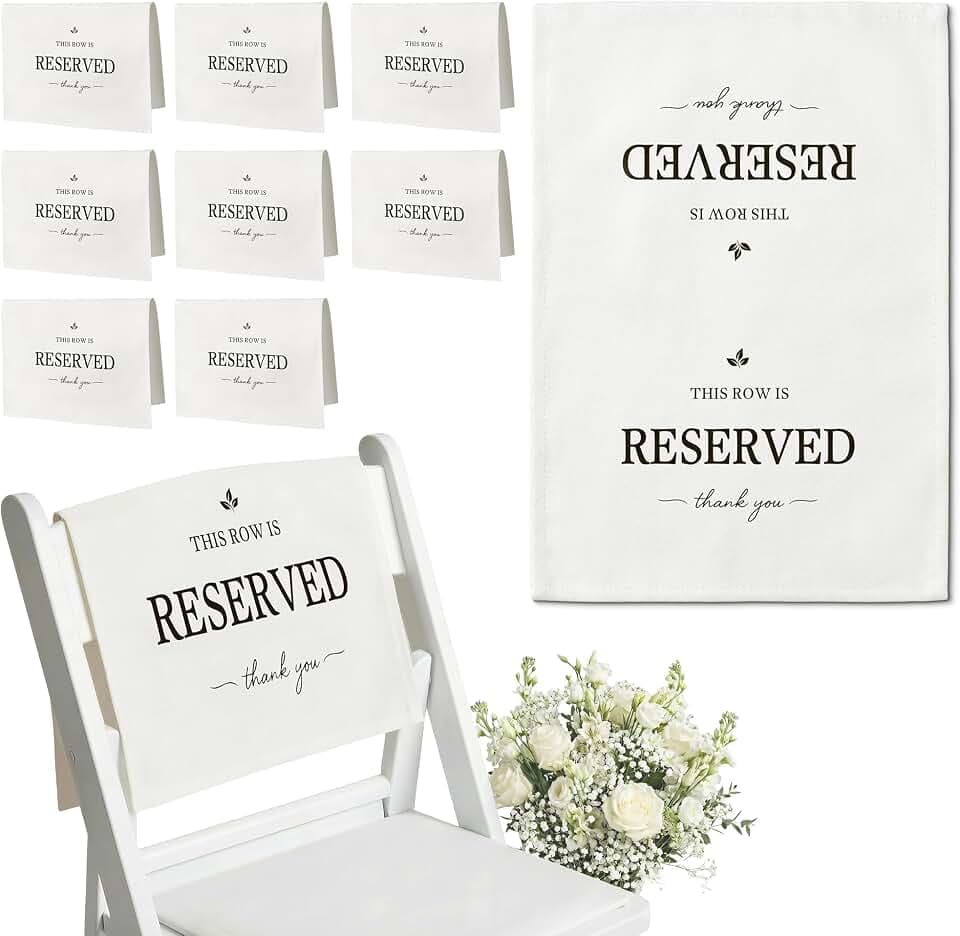 Reserved Seating Signs for Chairs 14 x 20 Inch, This Row Is Reserved Chair Sign for Wedding Ceremony, Church Pew Cotton Chair Signs, Reception Party Event Decorations (White, 8 PCS)