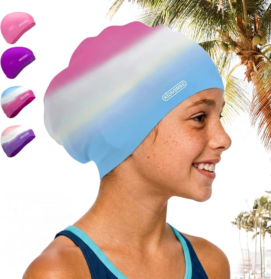KIDVERSE Badekappe Kinder Lange Haare - Schwimmhaube Kinder mit Anti-Rutsch-Noppen - Badekappen für Schwimmer mit UV Schutz - Badehauben für Lange & voluminöse Haare