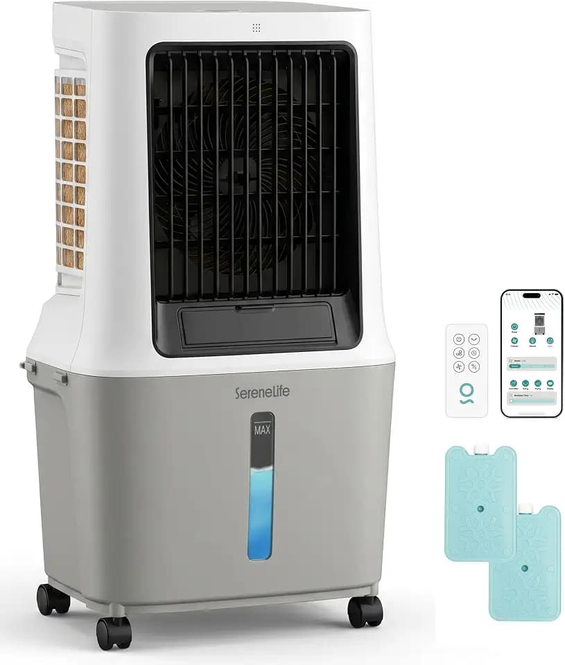 SereneLife Portable Swamp Cooler Air Conditioner - 2500 CFM Airflow, 8 Gallon Water Tank Portable Evaporative Air Cooler for Room & Outdoors, WiFi, Humidifier & Fan Modes, Ice Packs & Remote Included
