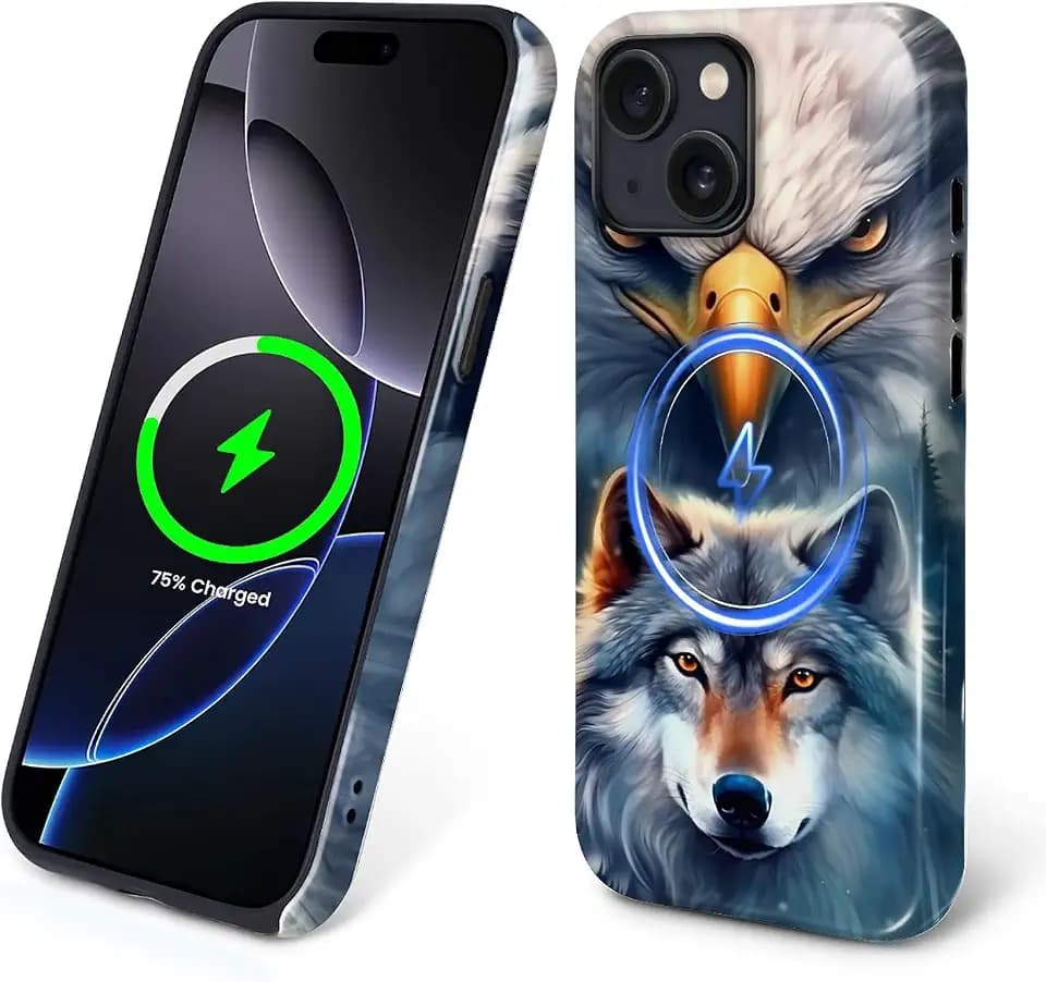 for iPhone 15 Case, Hybrid 2-Layer Silicone Protective Non Slip Case for MagSafe for iPhone 15 Bald Eagle Wolf Gray Pattern