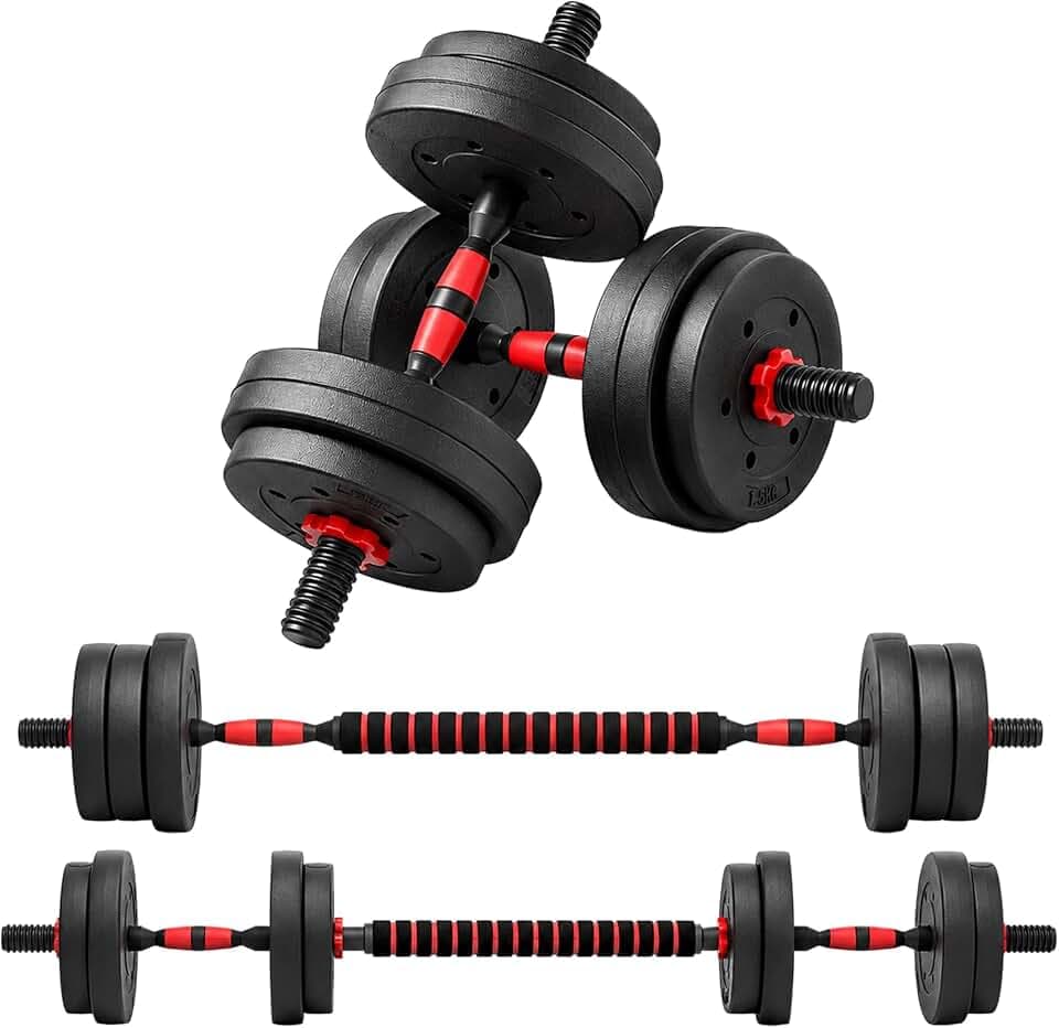 HOMCOM Kurzhantelset Total 15 Kg 2 in 1 verstellbares Gewicht - inkl. Stangen - Muskeltraining & Gewichtheben - HDPE-Stahl Schwarz Rot