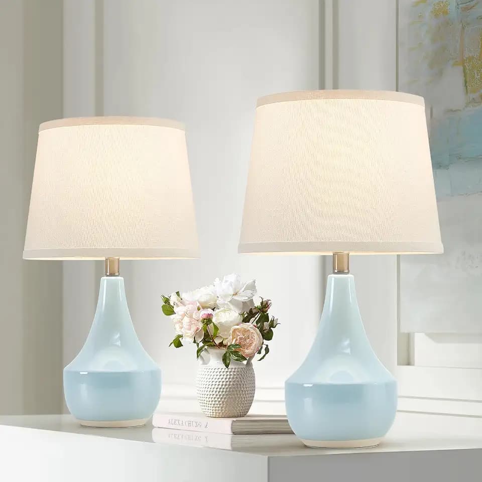 GyroVu 18" Table Lamp Set of 2, Ceramic Lamp Classic Beside Lamps Nightstand Lamp Modern Cute Lamp for Living Room, Bedroom & Office Rocker Switch Sky Blue-LED Bulbs Included