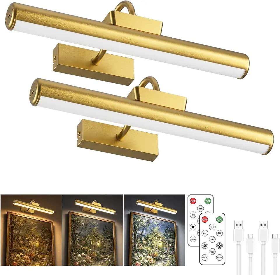 13" Wireless Picture Lights for Wall, Rechargeable Art Light, 2Pack Gold