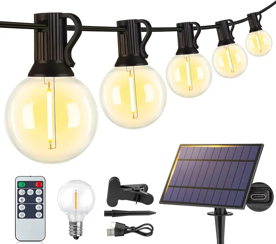 Larkvue 25FT Solar String Lights with Remote, 3 Modes, 11 G40 Bulbs, Black