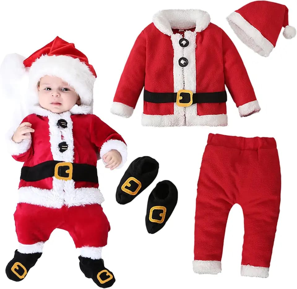 Hifot 4 Stück Baby Weihnachtsoutfit Junge Mädchen Weihnachtskostüm | Weihnachten Fleece Warm Santa Jacken Hose Weihnachtsmütze Socken Neugeborene Weihnachtskleid