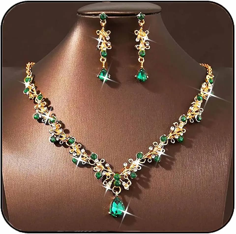 JAKAWIN Bride Silver Bridal Necklace Earrings Set Rhinestone Wedding Jewelry Set Formal Crystal Necklace for Women (4 Green)