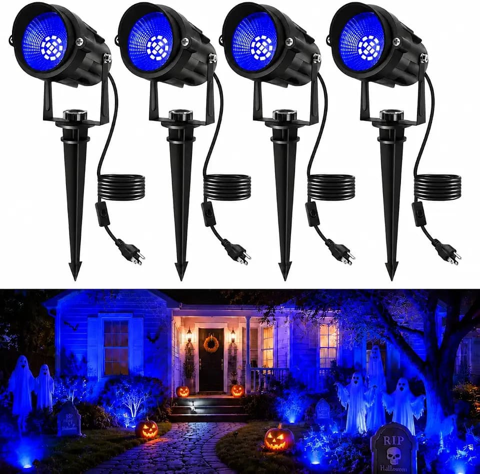 Halloween Blue Landscape Lights Outdoor, 14 LED Landscape Lighting with US Plug, IP65 Waterproof Spotlights for Tree Yard Garden Pathway Christmas Decor 4 Pack