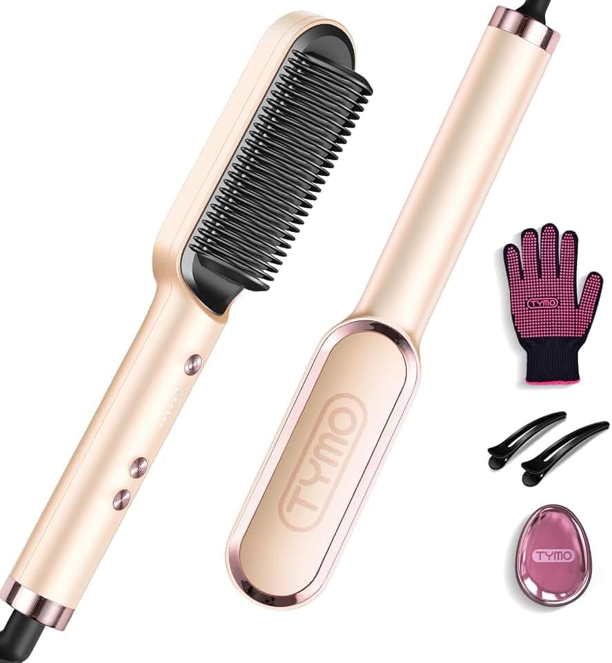TYMO RING Glättbürste Haarglätter Bürste - Keramik Glätteisen und Haarbürste 2 in 1, Elektrische Verbrühungsschutz Glättungsbürste Kamm, 25s Schneller Aufheizen, 5 Temp Einstellungen, Pfirsich