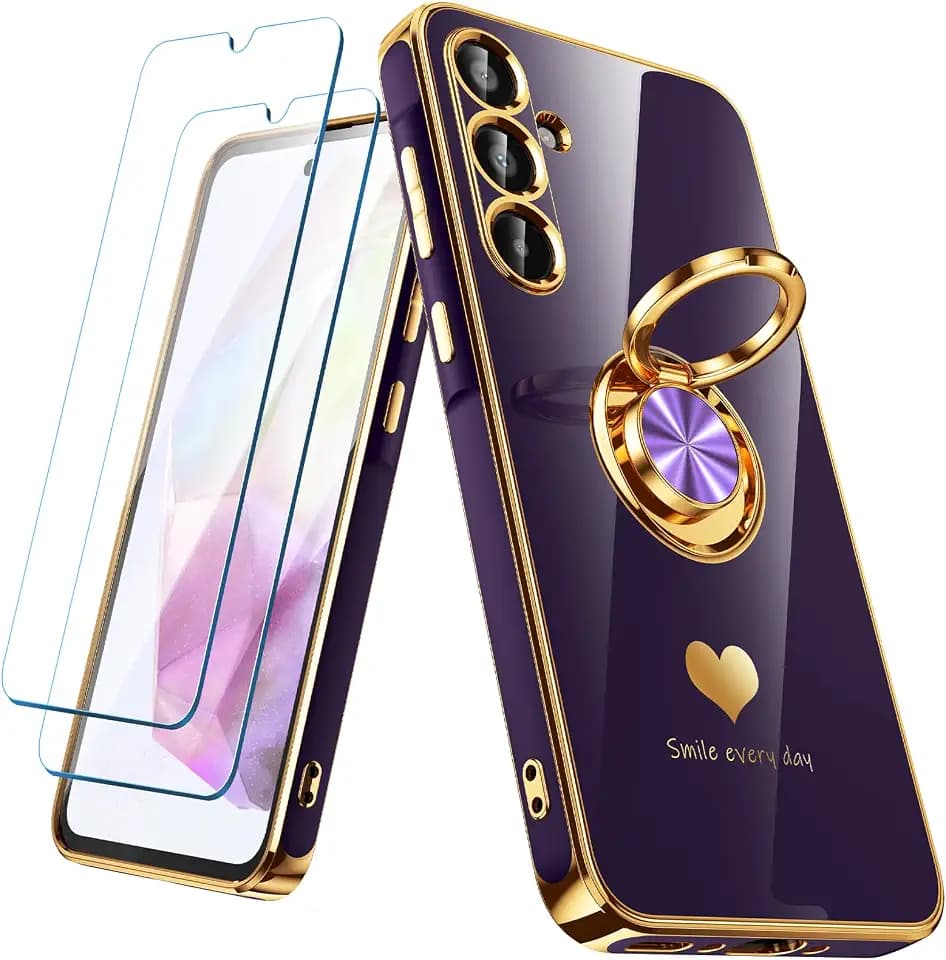 for Samsung Galaxy A35 5G Case with 2 Pack Screen Protector, 360° Rotatable Ring Holder [Luxury Hearts Pattern] Plating Gold Edge Slim Soft Phone Cover Case for Galaxy A35 - Purple
