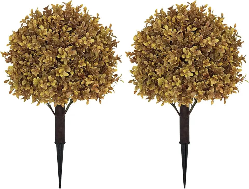 24" Artificial Outdoor Fall Plants, Boxwood Topiary Bushes Shrubs Set of 2
