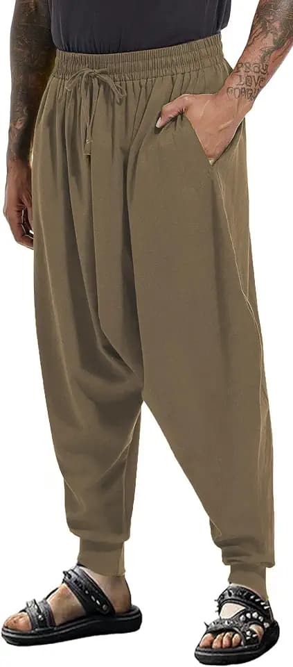 PACEIADTA Men Hippie Harem Pants Baggy Casual Drop Crotch Wide Leg Trouser