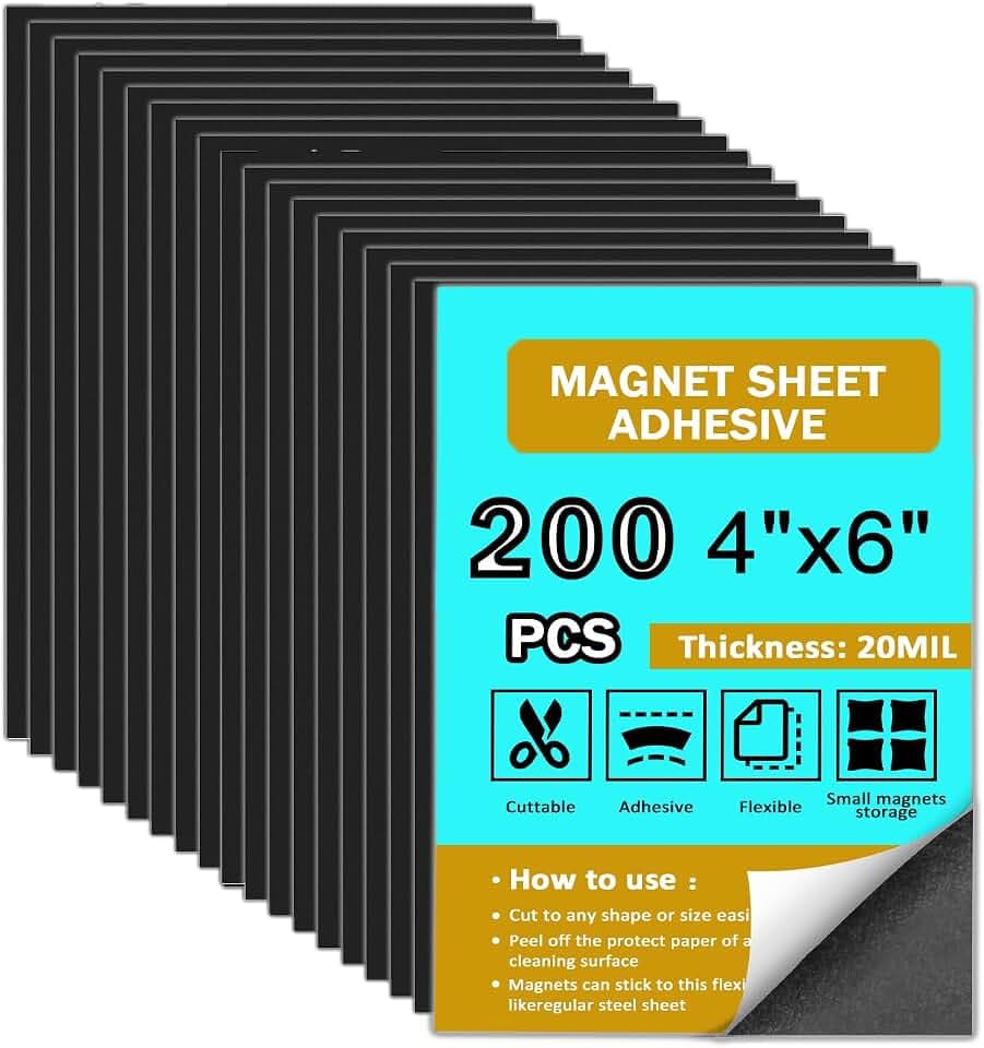 200 Pack, Adhesive Magnetic Sheets 4"X6", Ultra Thin 20 Mil For Photo Labels To Be Magnetic, Flexible Magnet Sheet For DIY Light Weight Crafts Card, Cuttable Magnets