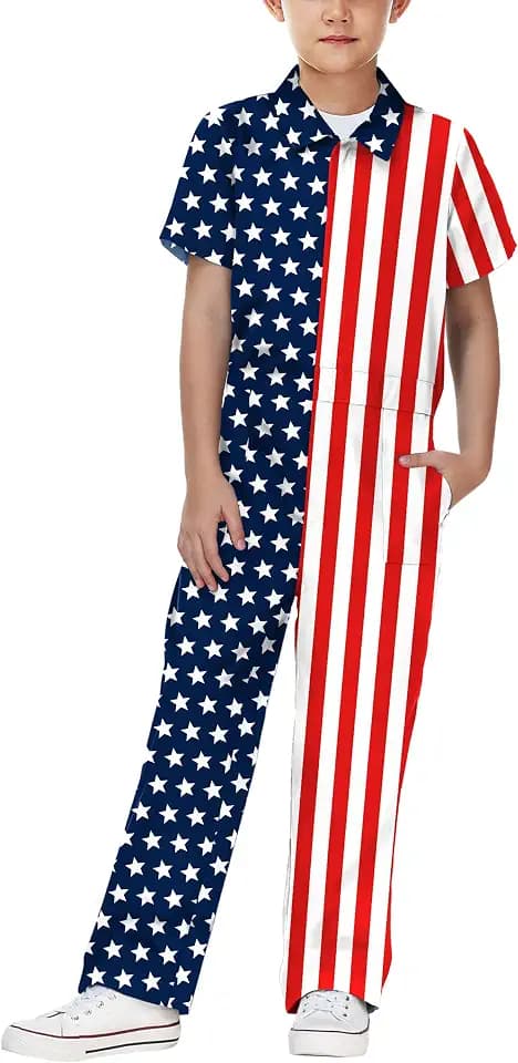 AOBUTE Boys 4th of July Short Sleeve Jumpsuit American Flag Coveralls with Zipper Up 3-14 Years