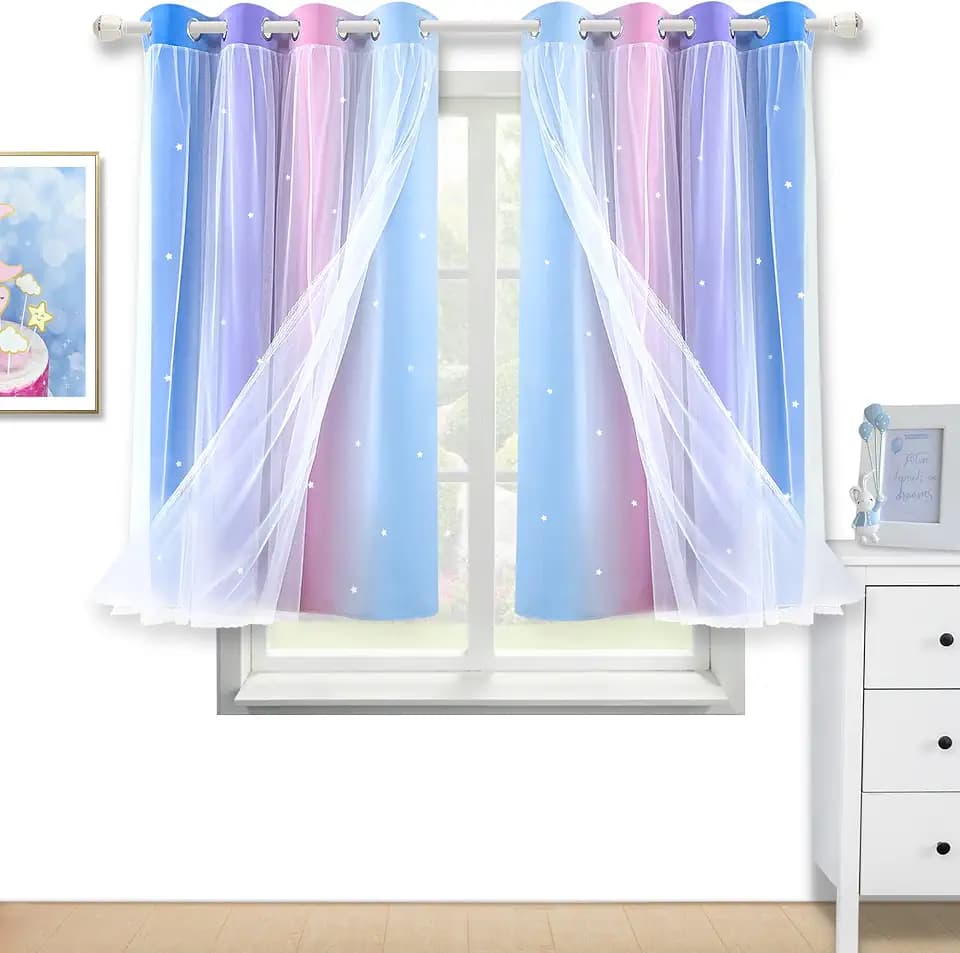 Star Cutout Curtains for Girls Bedroom 52Wx36L 2 Panels Blue/Purple