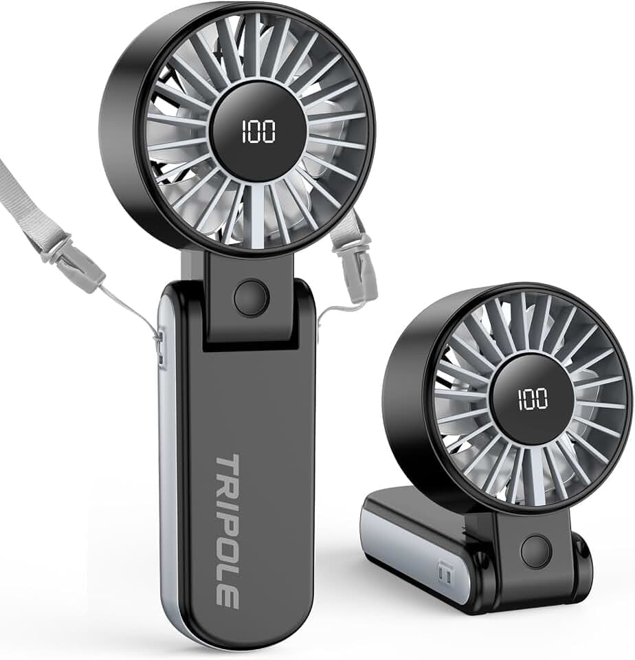 TriPole Handventilator, tragbarer USB Ventilator, 5 Geschwindigkeiten, starker Luftstrom, LED-Anzeige, 4000mAh Mini Ventilator klappbar für Reisen, Urlaub, Tisch, Outdoor, Ausflug (Schwarz)
