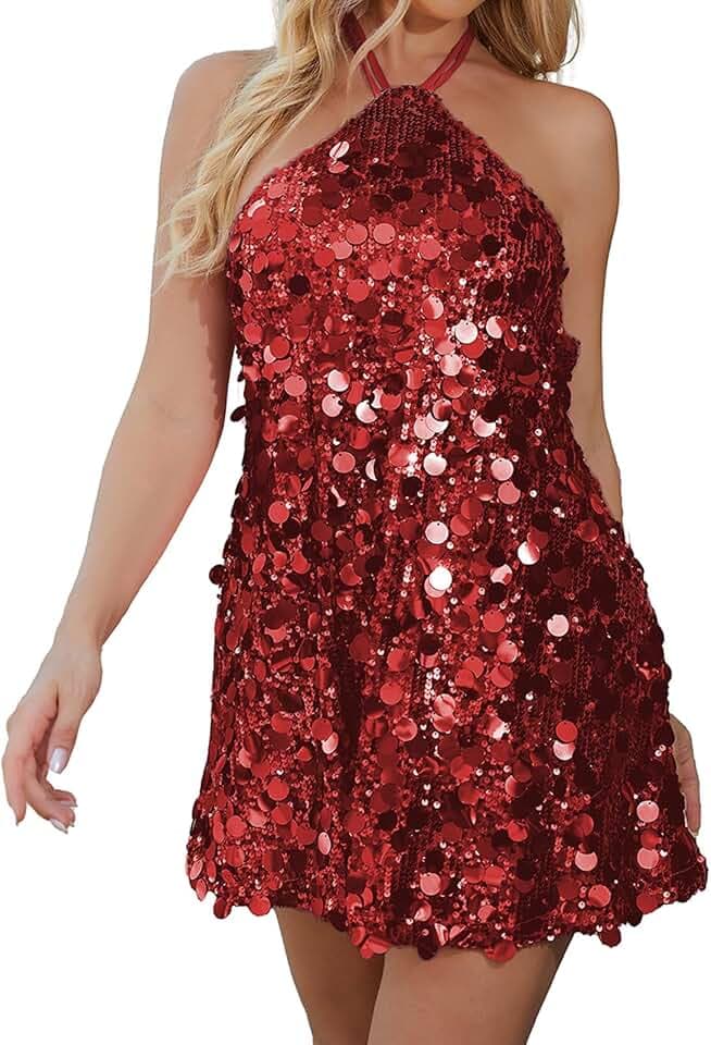 Women's Sequin Slip Dress Halter Mini Bodycon Club Party Sexy Dress