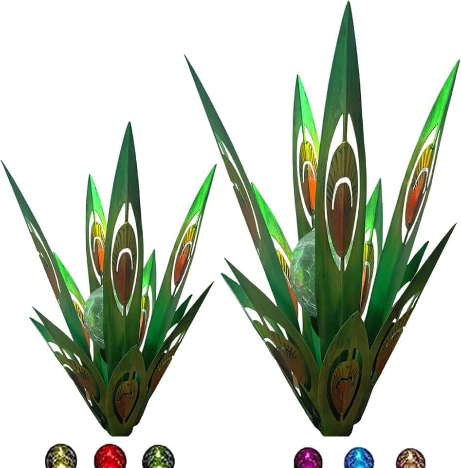 Jesokiibo 2pcs Tequila Sculpture Metal Agave Plant Home Decor Rustic Hand Painted Figurines Yard Decorations Lawn Ornaments（Multi-Color LED Solar Light Green） (Green)
