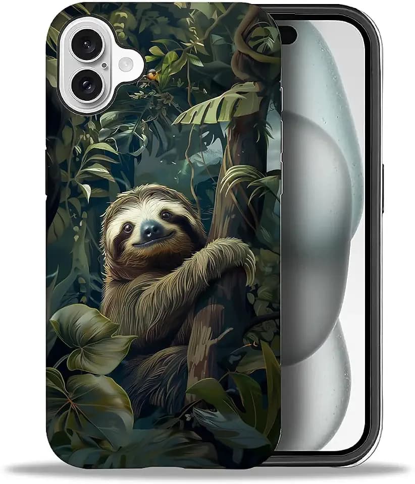 Compatible with iPhone 16 Case, Forest Sloth Pattern Print Matte Phone Case Funny Liquid Silicone Case Impact Resistant Anti-Scratch Shockproof Protective Cover